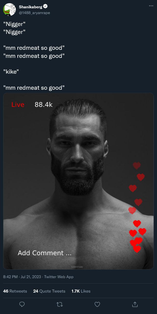 Shanikaberg @1488 агуапгаре "Nigger" "Nigger" redmeat so good" redmeat so good" и redmeat so good" Adc 5 THAR 8:42 Jul 21, 2023 Twitter Web App 46 Retweets 24 Quote Tweets Likes о