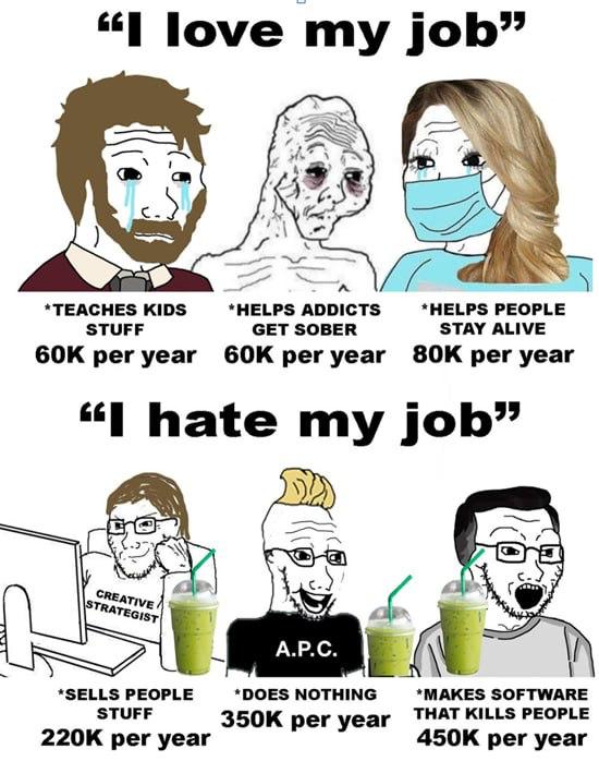 “I love job” 4%. *TEACHES KIDS *HELPS ADDICTS *HELPS PEOPLE STUFF GET SOBER STAY ALIVE per year рег уеаг per year hate my job” А.Р.С. и 2 *SELLS PEOPLE *DOES NOTHING *MAKES SOFTWARE STUFF per year THA