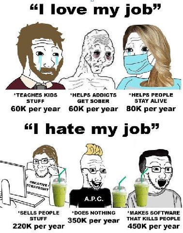 “I love job” 4%. *TEACHES KIDS *HELPS ADDICTS *HELPS PEOPLE STUFF GET SOBER STAY ALIVE per year рег уеаг per year hate my job” А.Р.С. и 2 *SELLS PEOPLE *DOES NOTHING *MAKES SOFTWARE STUFF per year THA