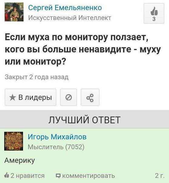 Сергей Емельяненко Искусственный Интеллект Если муха по монитору ползает, кого вы больше ненавидите муху или монитор? Закрыт 2 года назад ж Влидеры ЛУЧШИЙ ОТВЕТ Игорь Михайлов Мыслитель (7052) Америку