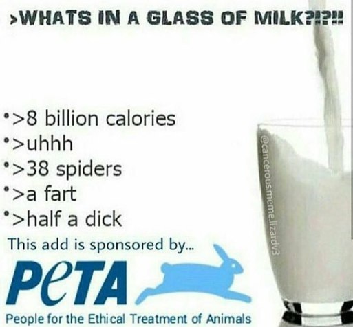 >WHATS IN А GLASS OF MILK *>8 billion calories *>uhhh *>38 spiders *>a fart *>half a dick This add is sponsored PCTA People for the Ethical Treatment of Animals