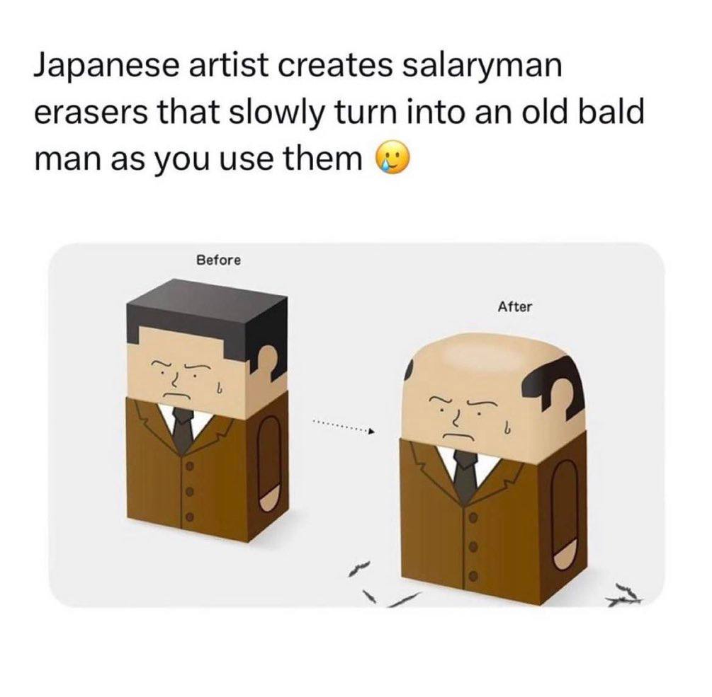Japanese artist creates salaryman erasers that slowly turn into an old bald man as you use them Before After