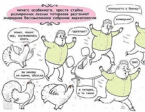 особенного, просто стайка разъяренных лесных тетеревов разгоняет очередное бессмысленное собрание маркетологов пошел, пошел! ишь, скучковались 4 опять. я вы никому 4 A, не нужны, обсоски i A тетерев,