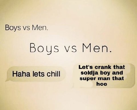 Boys Men. Boys Men. Let's crank that soldja boy and Haha lets chill super man that