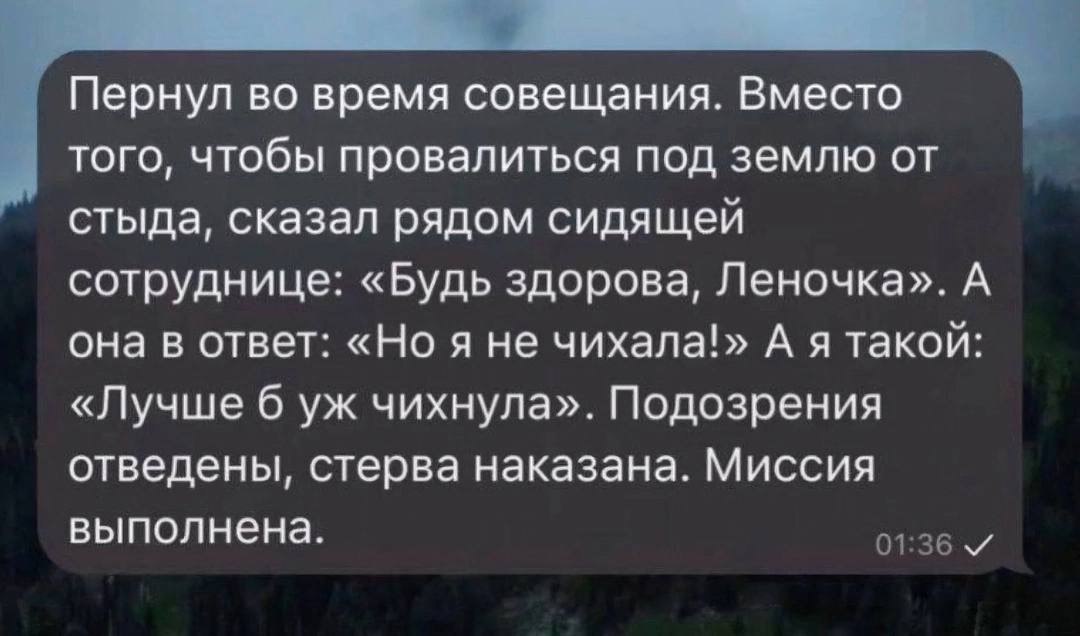 Пернул во время совещания. Вместо того, чтобы провалиться под землю от стыда, сказал рядом сидящей сотруднице: «Будь здорова, Леночка». А она в ответ: «Но я не чихала!» А я такой: «Лучше 6 чихнула». П