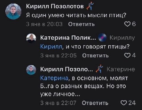 Кирилл Позолотов Я один умею читать мысли птиц? янв в 20:03 Ответить Катерина Полик... Кириллу Кирилл, и что говорят птицы? 3 янв в 22:05 Ответить Кирилл Позоло... Катерине Катерина, в основном, молят