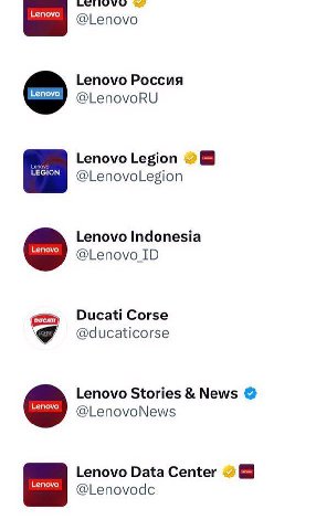 @Lenovo Lenovo Россия @LenovoRU Lenovo Legion LEGION @LenovoLegion Lenovo Indonesia @Lenovo сто Ducati Corse @ducaticorse Lenovo Stories News @LenovoNews Lenovo Data Center Lenovo @Lenovodc
