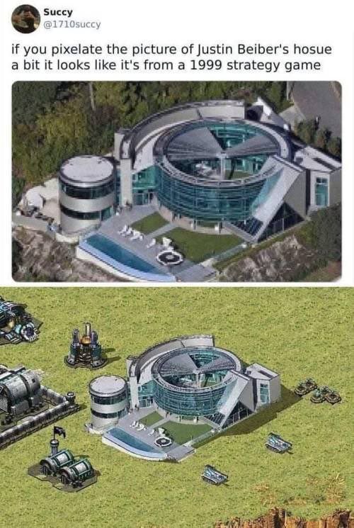 Succy @1710succy if you pixelate the picture of Justin Beiber’s hosue a bit it looks like it's from a 1999 strategy game A