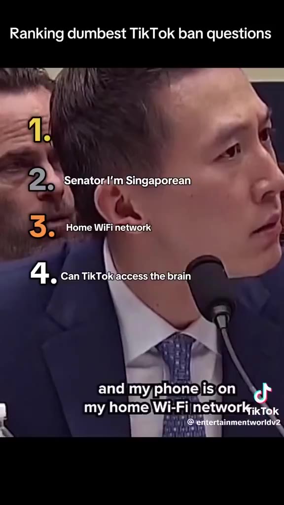 Ranking dumbest TikTok ban questions 2. Senator iimSingaporean ©) 2) A Senator I’m Singaporean { 4 ® Can TikTok access the brain’ | — Мг. Chew, does TikTok.acces Де 3 ) Зепаком т Singaporean (< апа ту