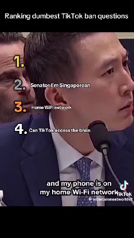 Ranking dumbest TikTok ban questions 2. Senator iimSingaporean ©) 2) A Senator I’m Singaporean { 4 ® Can TikTok access the brain’ | — Мг. Chew, does TikTok.acces Де 3 ) Зепаком т Singaporean (< апа ту