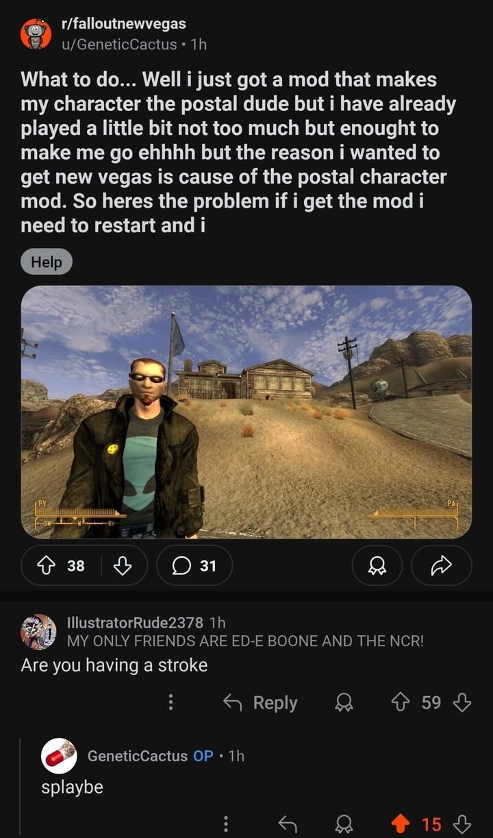 r/falloutnewvegas u/GeneticCactus What to Well i just got a mod that makes my character the postal dude but i have already played a little bit not too much but enought to make me ehhhh but the reason 