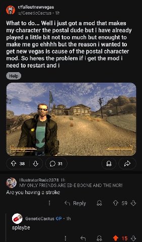 r/falloutnewvegas u/GeneticCactus What to Well i just got a mod that makes my character the postal dude but i have already played a little bit not too much but enought to make me ehhhh but the reason 