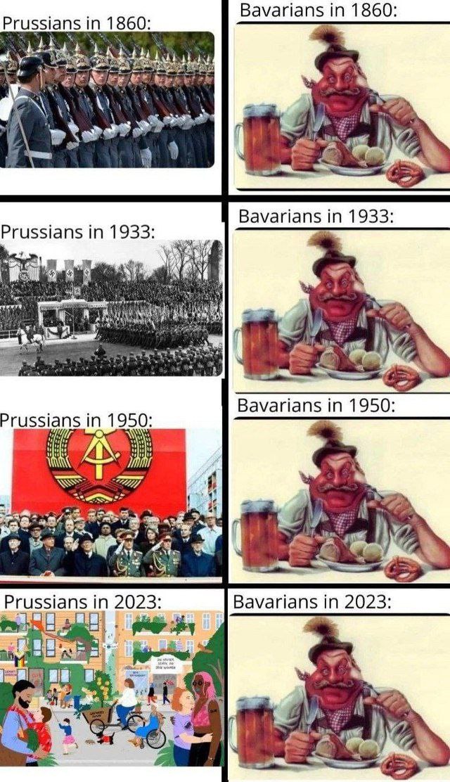 Bavarians in 1860 Prussians in 1860: 2 Bavarians in 1933 Prussians in 1933 и Bavarians in 1950 in 1950: и a7 Prussians in 2023: Bavarians in 2023 a