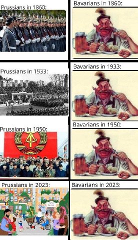 Bavarians in 1860 Prussians in 1860: 2 Bavarians in 1933 Prussians in 1933 и Bavarians in 1950 in 1950: и a7 Prussians in 2023: Bavarians in 2023 a