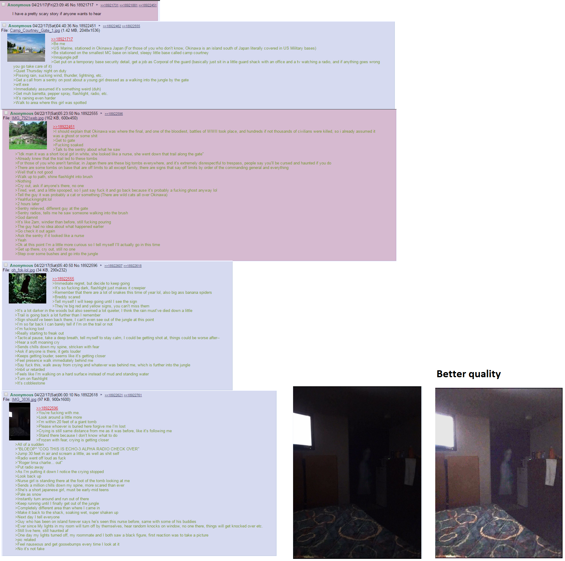 Anonymous 04/21/17(Fri)23:09:46 No.18921717 »>18901731 I have а pretty scary story if anyone wants to hear Anonymous 04/22/17(Sat)04:40:36 >>18922462 >>18922555 File: Camp_Courtney_Gate_1 (1.42 218921