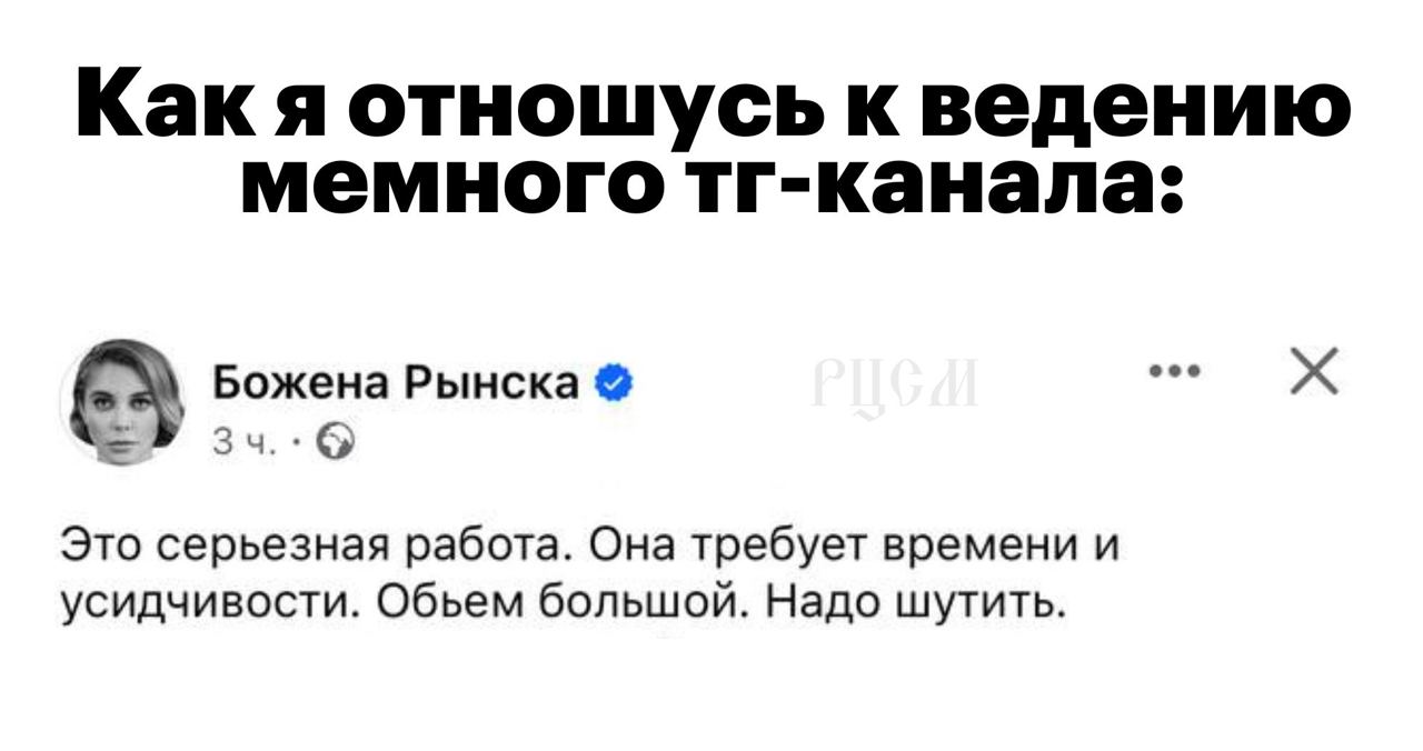 Как я отношусь к ведению мемного тг-канала: Божена Рынска Это серьезная работа. Она требует времени и усидчивости. Обьем большой. Надо шутить.