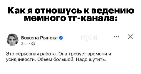 Как я отношусь к ведению мемного тг-канала: Божена Рынска Это серьезная работа. Она требует времени и усидчивости. Обьем большой. Надо шутить.