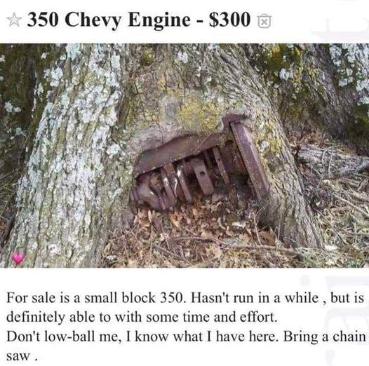 350 Chevy Engine $300 For sale is a small block 350. Hasn't run in a while but is definitely able to with some time and effort. Don't low-ball me, I know what I have here. Bring a chain saw