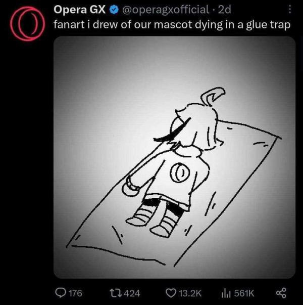 Opera fanart drew of our mascot dying in a glue trap