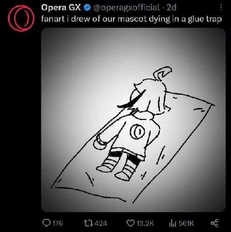 Opera fanart drew of our mascot dying in a glue trap
