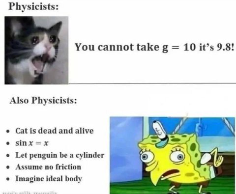 Physicists: You cannot take 10 it’s 9.8! Also Physicists: Cat is dead and alive 2 Let penguin be a cylinder Assume no friction aly Imagine ideal body