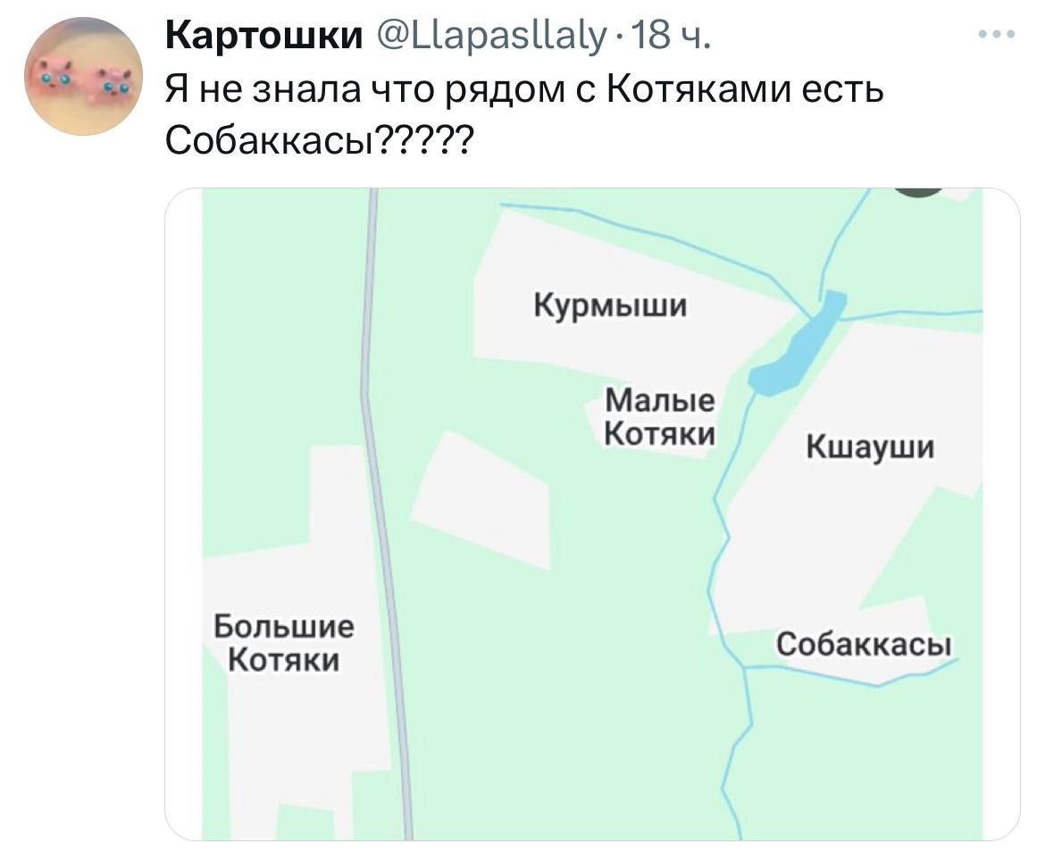 Картошки @Llapasllaly 18 Ane знала что рядом с Котяками есть Собаккасы????? Курмыши Малые Котяки Кшауши Большие Собаккасы Котяки