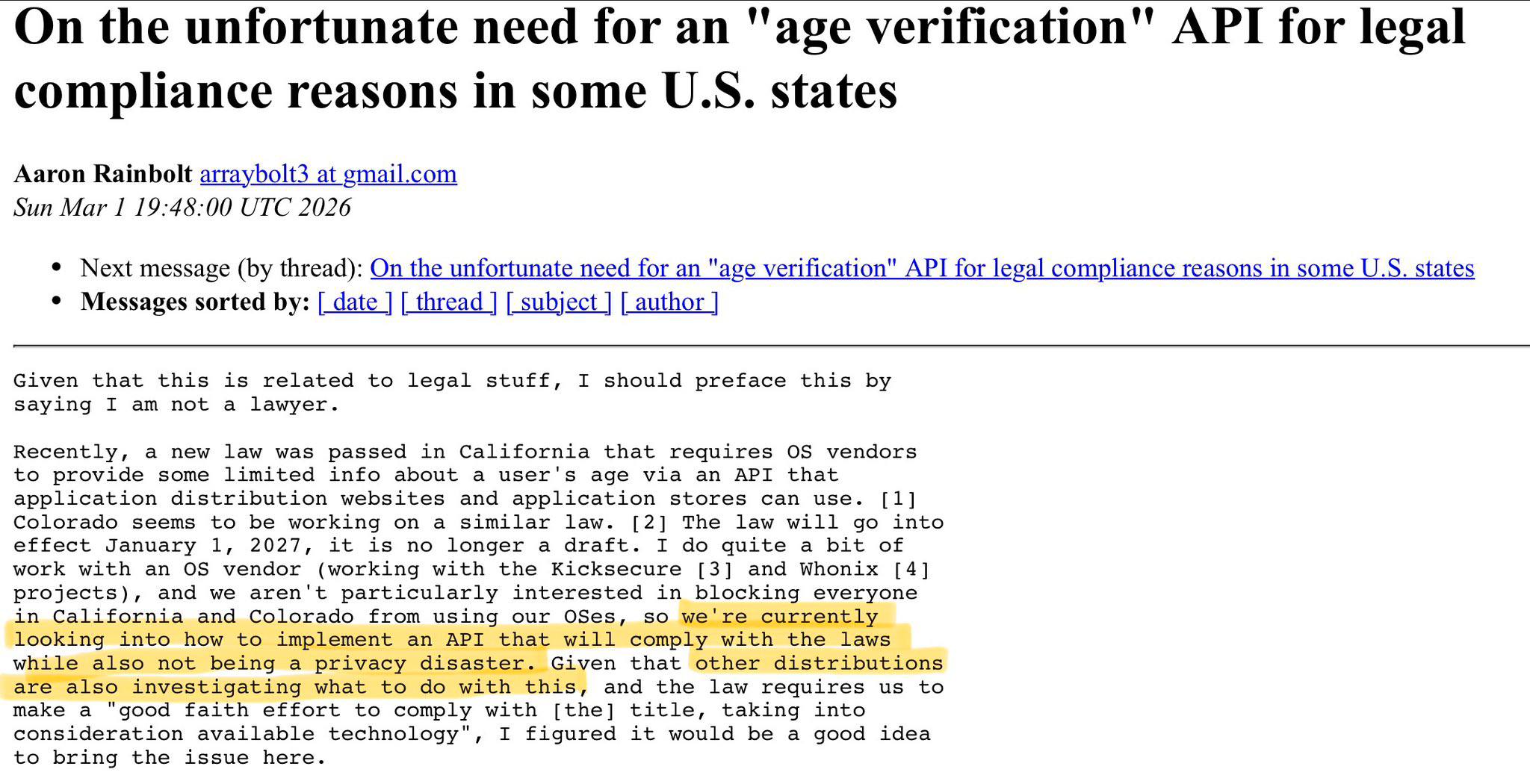 Ubuntu & Elementary OS Linux distributions are planning how to implement age verification functionality (for all user accounts on their OS), in order to comply with a new California law.

“We're curre