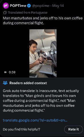 POPTime Man masturbates and jerks off to his own coffee during commercial flight. Moendo о и 0:59 Readers added context Grok auto translate is inaccurate, text actually translates to "Man grinds and b