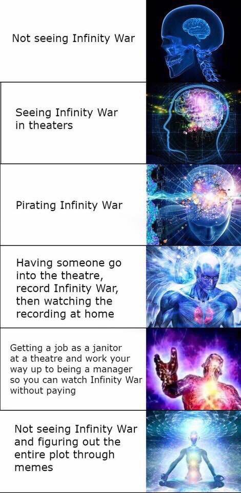Not seeing Infinity War Seeing Infinity War in theaters Pirating Infinity Маг У 4 Having someone into the theatre, record Infinity War, then watching the recording at home Getting а job as а janitor a