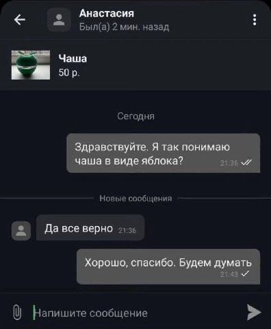 Анастасия Чаша Здравствуйте. Я так понимаю чаша в виде яблока? Да все верно Хорошо, спасибо. Будем думать