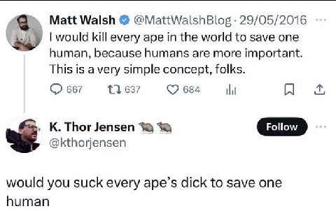 Matt Walsh @MattWalshBlog 29/05/2016 would kill every ape in the world to save one human, because humans are more important. This is a very simple concept, folks. 667 13637 К. Thor Jensen Follow @ktho