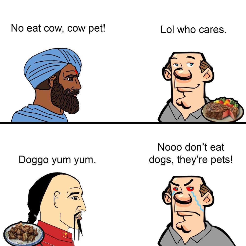 No eat cow, cow pet! Lol who cares. Nooo don't eat Doggo yum yum. dogs, pets!