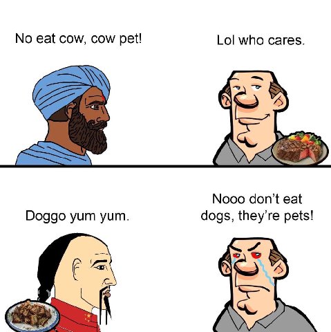 No eat cow, cow pet! Lol who cares. Nooo don't eat Doggo yum yum. dogs, pets!