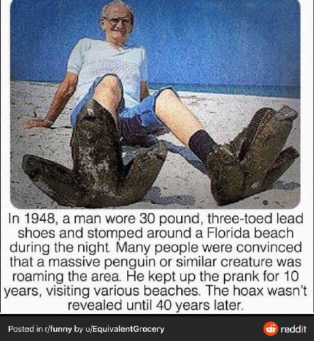 7 In 1948, a man wore 30 pound, three-toed shoes and stomped around a Florida beach during the night. Many people were convinced that a massive penguin or similar creature was roaming the area. He kep