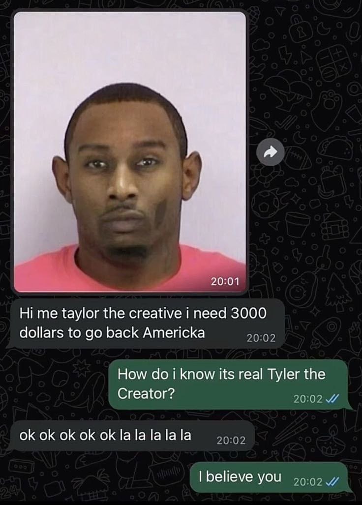 a 20:01 me taylor the creative i need 3000 dollars to back Americka How i know its real Tyler the Creator? [а |а believe you