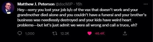 Mattnew Peterson you lost your job of tne мах {пай work and your srandmoiher died а have а funers 4vour grandmother died alone and you have атипега| and your business was needlessiy destroyed and your