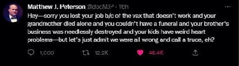 Mattnew Peterson you lost your job of tne мах {пай work and your srandmoiher died а have а funers 4vour grandmother died alone and you have атипега| and your business was needlessiy destroyed and your