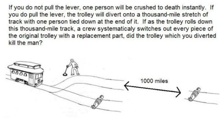 If you not pull the lever, one person will be crushed to death instantly. If you pull the lever, the trolley will divert onto a thousand-mile stretch of track with one person tied down at the end of i
