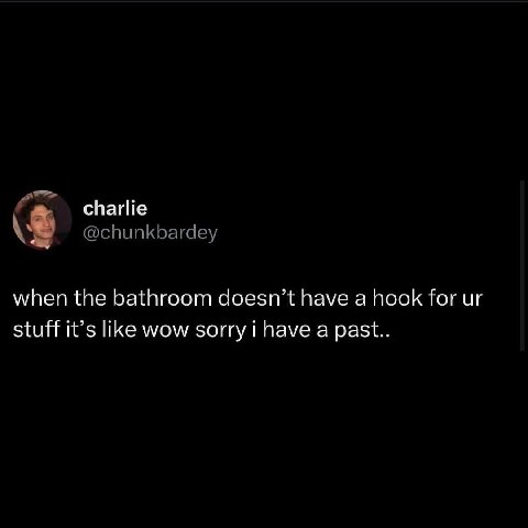 charlie @chunkbardey when the bathroom doesn’t have a hook for stuff it’s like wow sorry i have a past..