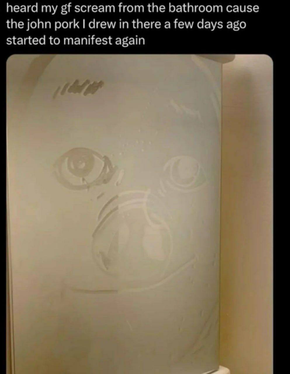 heard scream from the bathroom cause the john pork drew in there a few days ago started to manifest again