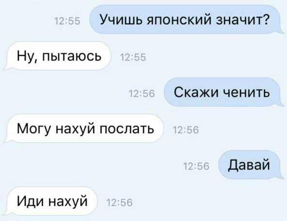 Учишь японский значит? Ну, пытаюсь Скажи ченить Могу нахуй послать Давай Иди нахуй