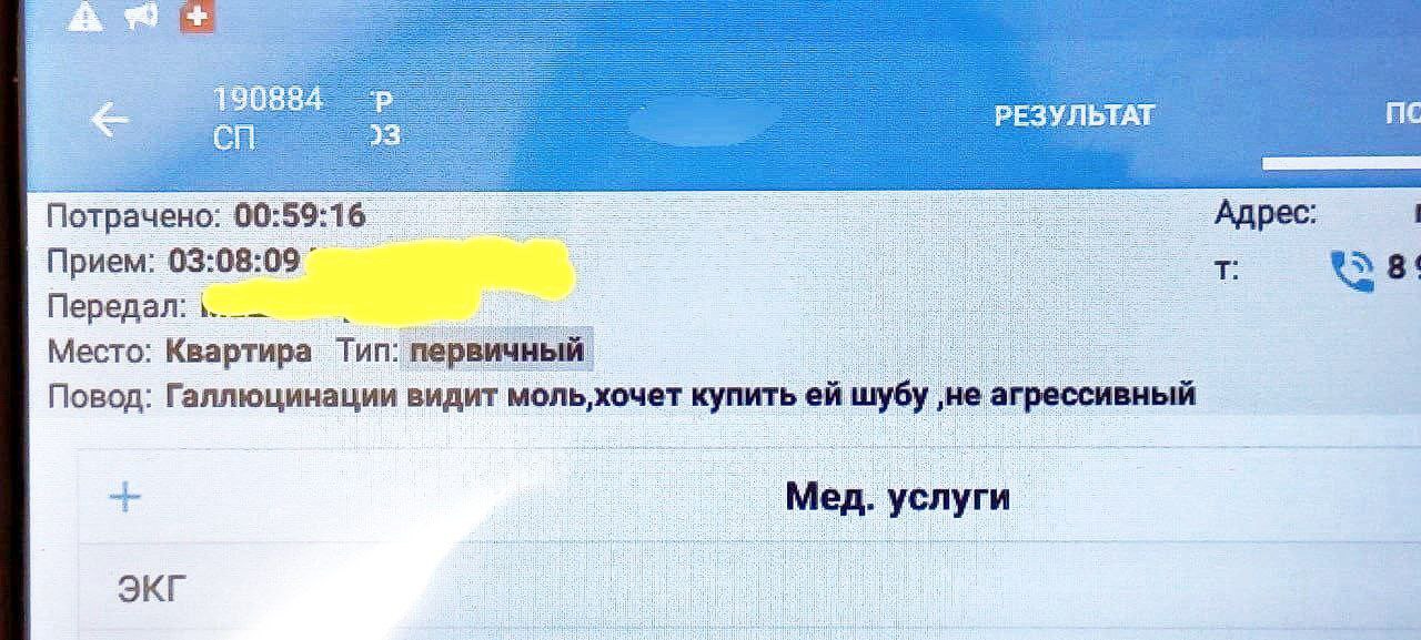Потрачено: 00:59:16 Прием: 03:08:09 8 Место: Квартира Тип: первичный. Повод: Галлюцинации видит моль‚хочет купить шубу ‚не агрессивный