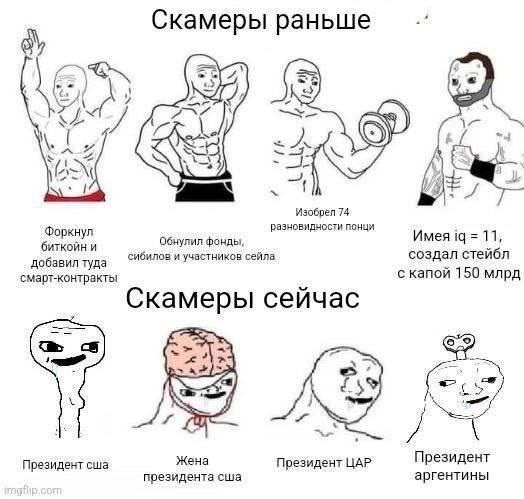 Скамеры раньше Изобрел 74 разновидности понци Форкнул Обнулил фонды, Имея 14 11, биткойн и добавил туда сибилов и участников сейла создал стейбл 150 млрд Скамеры сейчас a Жена Президент ЦАР Президент 