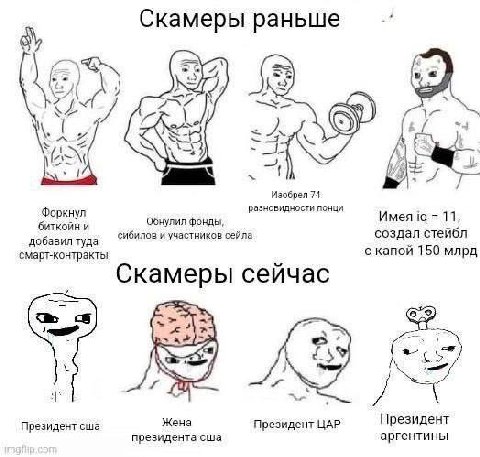Скамеры раньше Изобрел 74 разновидности понци Форкнул Обнулил фонды, Имея 14 11, биткойн и добавил туда сибилов и участников сейла создал стейбл 150 млрд Скамеры сейчас a Жена Президент ЦАР Президент 