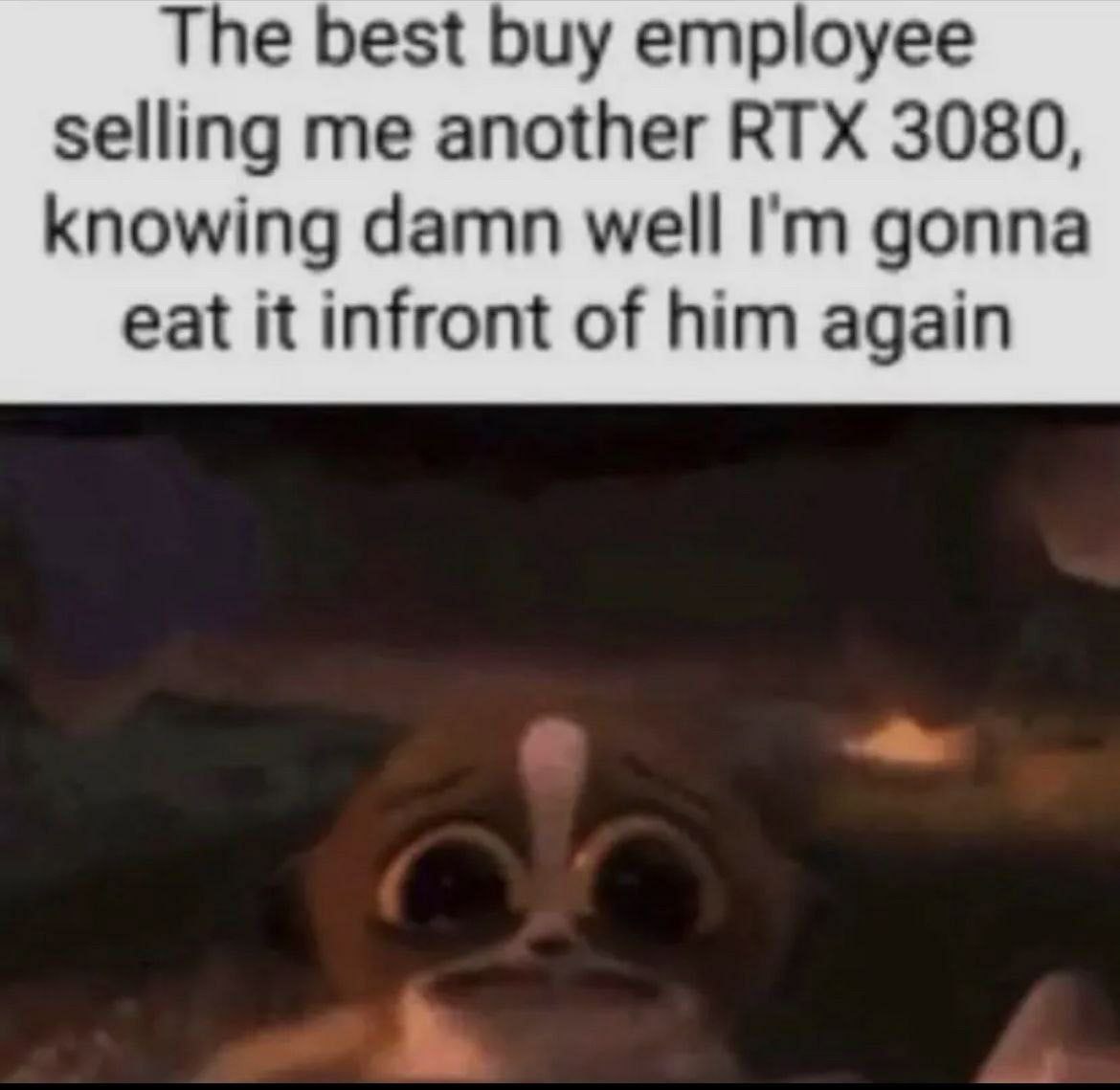 The best buy employee selling me another RTX 3080, knowing damn well gonna eat it infront of him again