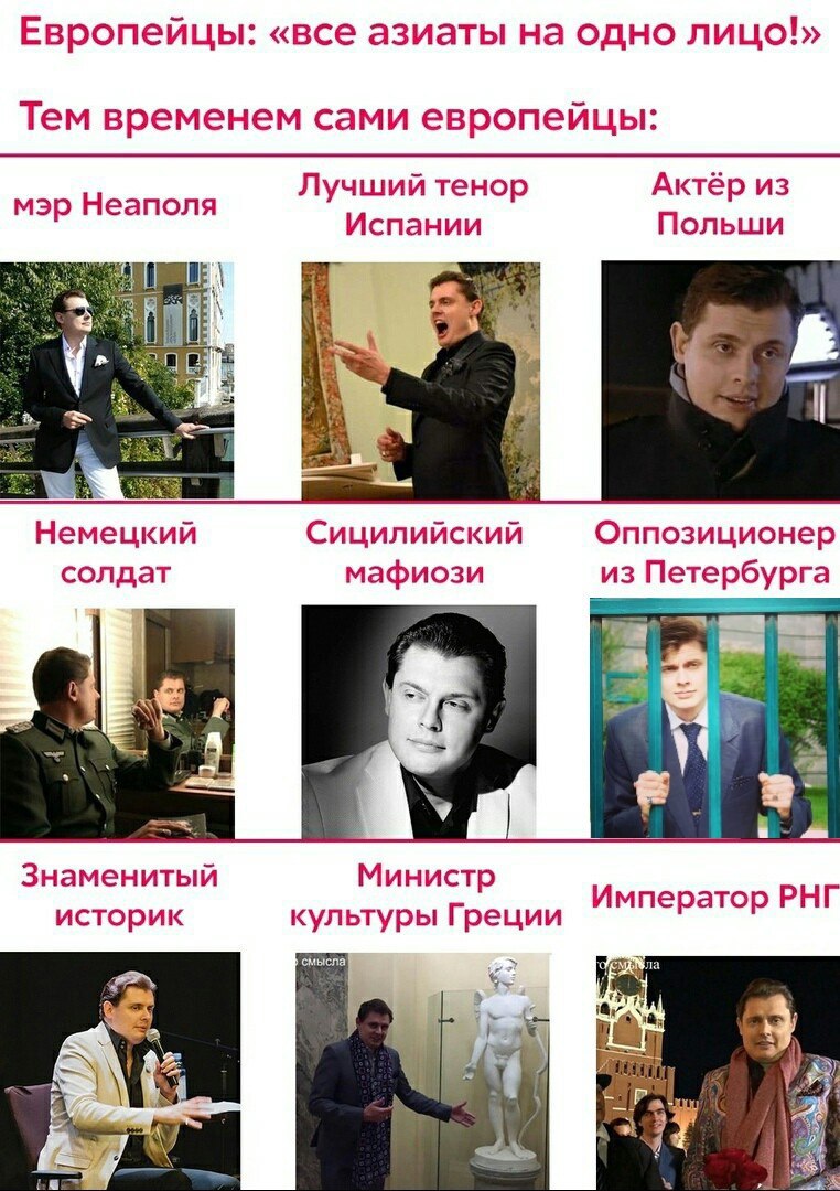 Европейцы: «все азиаты на одно лицо!» Тем временем сами европейцы: Актёр из мэр Неаполя Лучший тенор Испании Польши и 4 Немецкий Сицилийский Оппозиционер солдат мафиози из Петербурга A I 7 a Знамениты