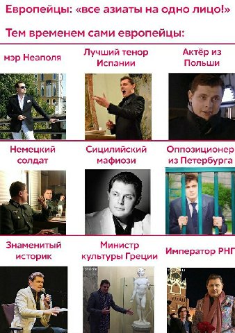 Европейцы: «все азиаты на одно лицо!» Тем временем сами европейцы: Актёр из мэр Неаполя Лучший тенор Испании Польши и 4 Немецкий Сицилийский Оппозиционер солдат мафиози из Петербурга A I 7 a Знамениты