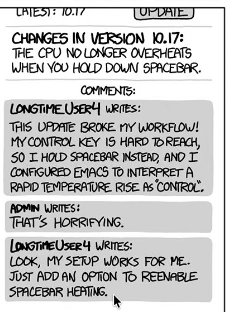 CHANGES IN VERSION THE CPU NO LONGER OVERHEATS WHEN YOU HOLD DOWN SPACEBAR. COMMENTS: THIS BROKE WORKFLOW! My CONTROL KEY 15 HARD 50 I SPACEBAR INSTEAD, AND I CONFIGURED EMACS ТО INTERPRET A RAPID TEM