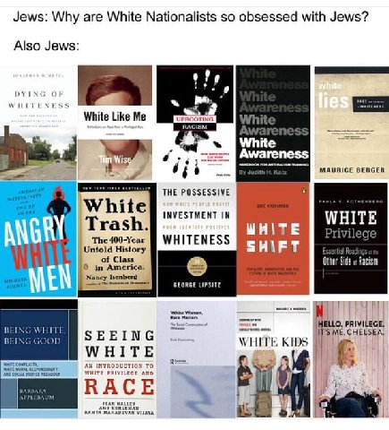 Jews: Why are White Nationalists so obsessed with Jews? Also Jews: DYING WHITENESS White Like White 45 THE POSSESSIVE White INVESTMENT IN WHITE ANGRY Trash. Class Other Side и Racism GEORGE LIPSITZ ЕЕ