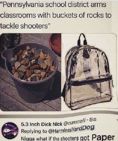 "Pennsylvania school district arms classrooms with buckets of rocks to tackle shooters" 5.3 Inch Dick Nick Replying to @HarmlessYar а Nigga what if the shooters got Рарег